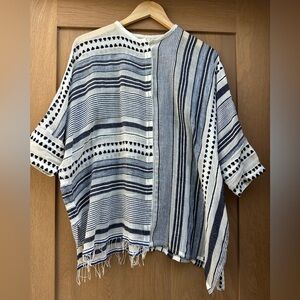 Lemlem Mixed Print Blue and White Short Sleeve Top/Coverup W/ Fringe Size Small